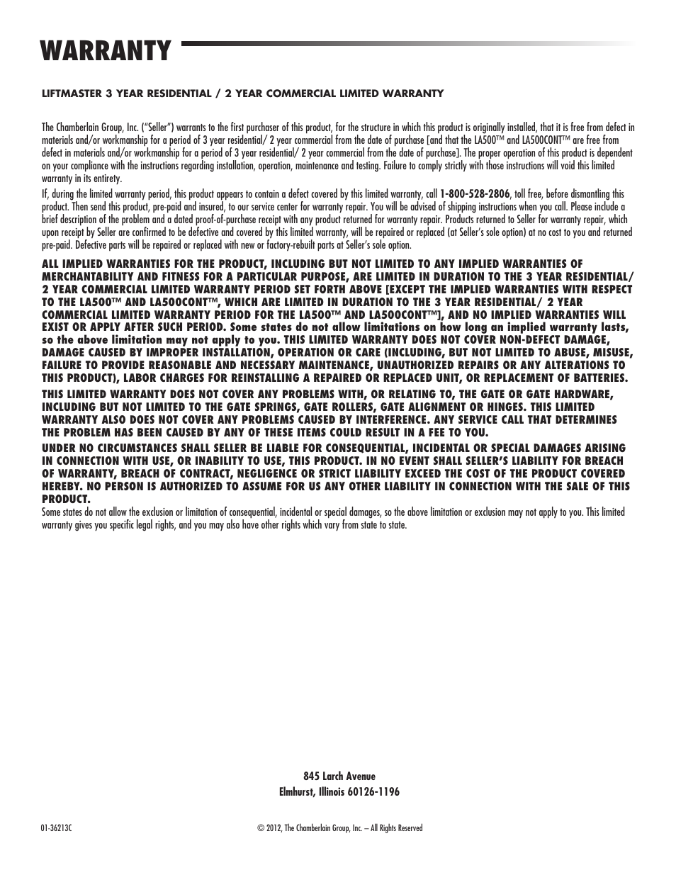 Warranty | Controlled Products Systems Group LA500 User Manual | Page 48 / 48
