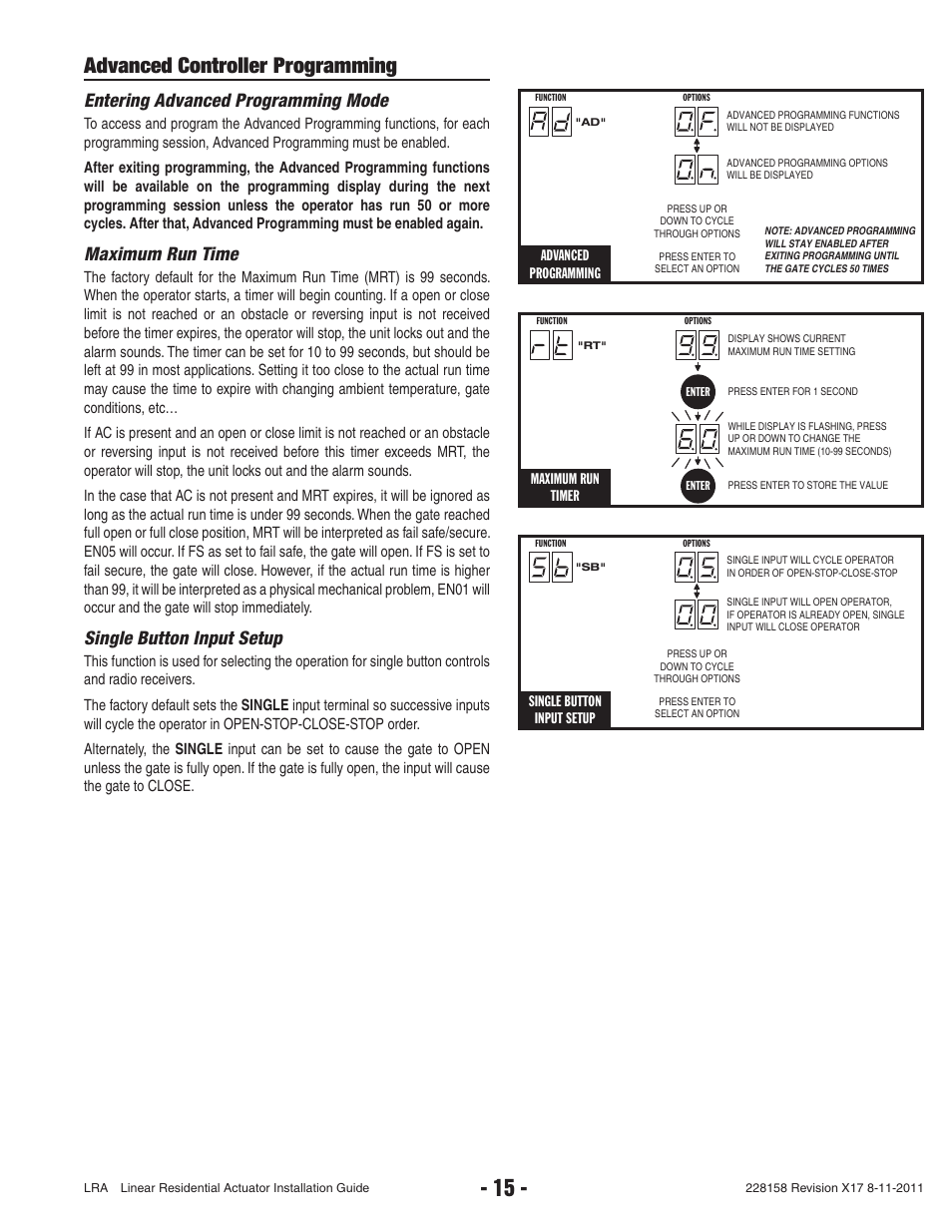 Advanced controller programming, Entering advanced programming mode, Maximum run time | Single button input setup | Controlled Products Systems Group LRA User Manual | Page 17 / 30