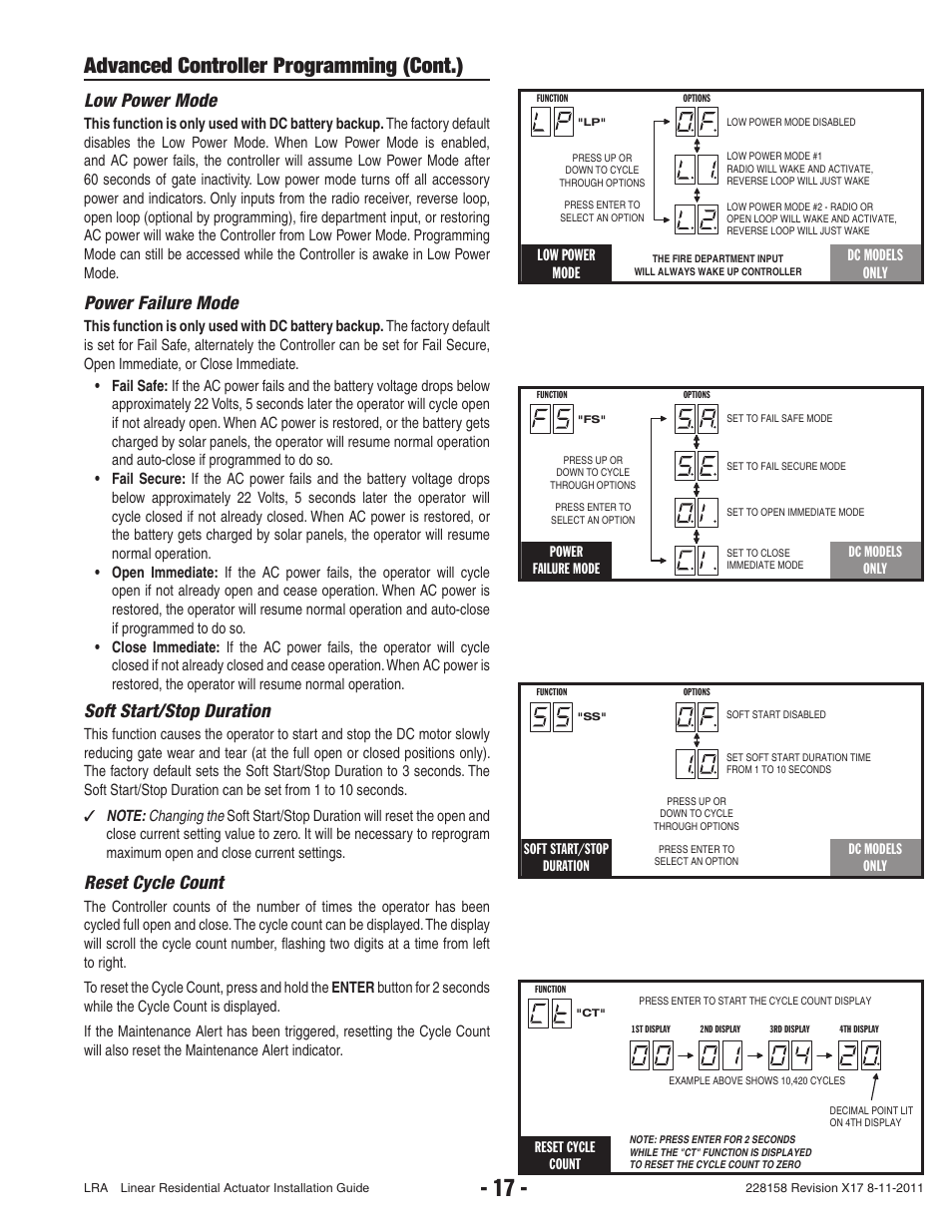 Advanced controller programming (cont.), Low power mode, Power failure mode | Soft start/stop duration, Reset cycle count | Controlled Products Systems Group LRA User Manual | Page 19 / 30