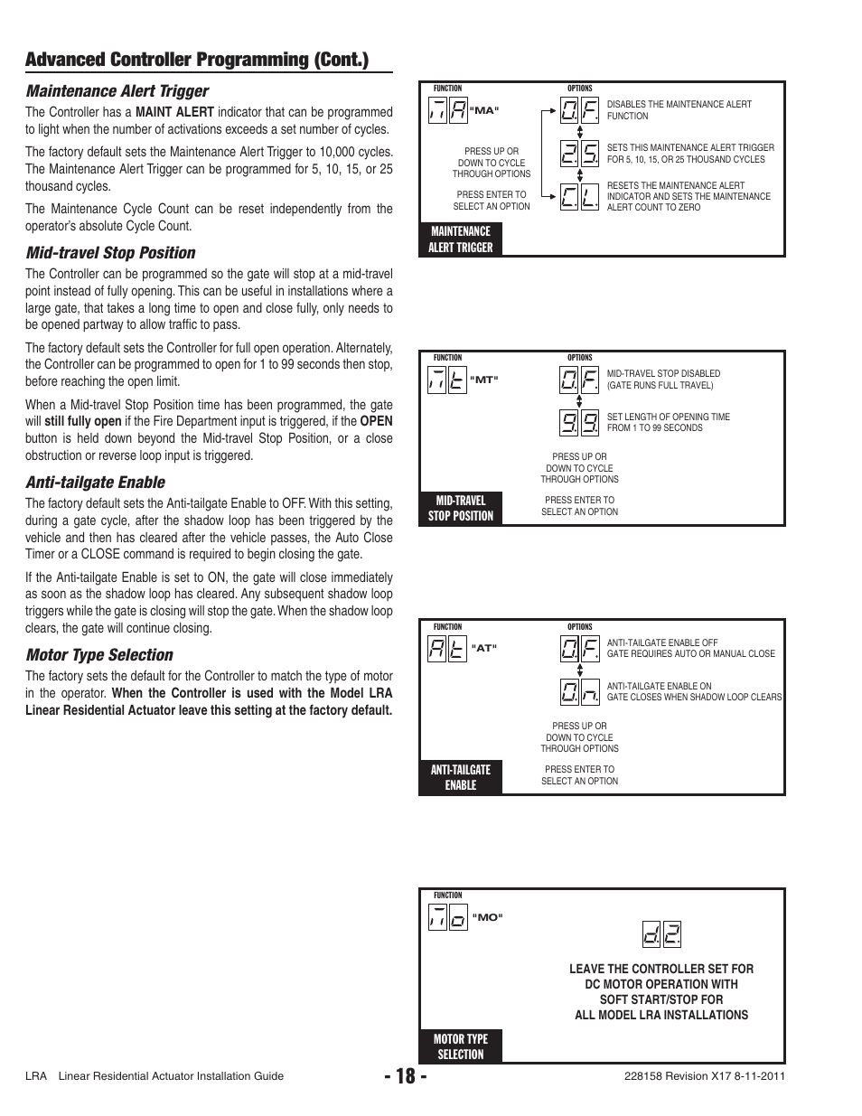 Advanced controller programming (cont.), Maintenance alert trigger, Mid-travel stop position | Anti-tailgate enable, Motor type selection | Controlled Products Systems Group LRA User Manual | Page 20 / 30
