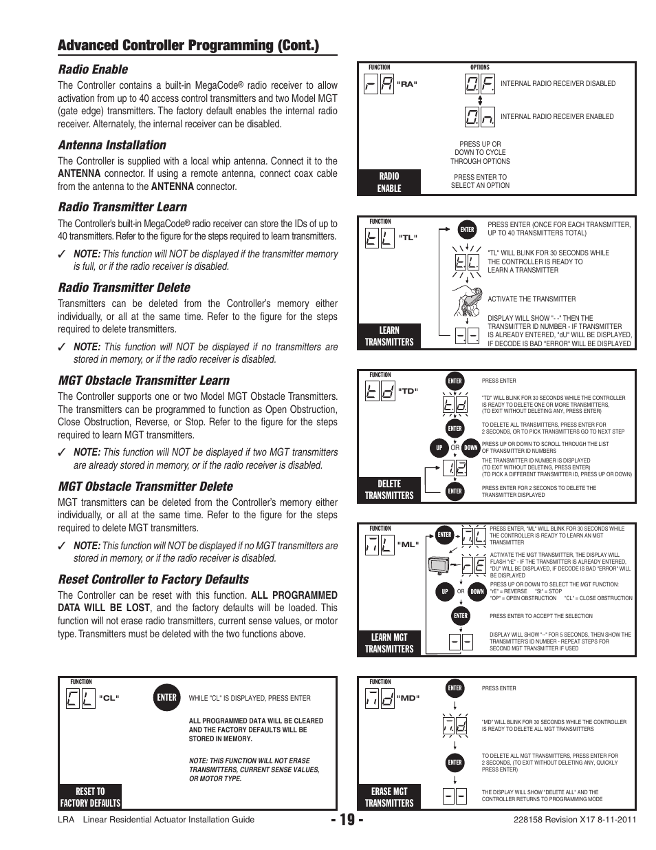 Advanced controller programming (cont.), Radio enable, Antenna installation | Radio transmitter learn, Radio transmitter delete, Mgt obstacle transmitter learn, Mgt obstacle transmitter delete, Reset controller to factory defaults, Erase mgt transmitters, Delete transmitters | Controlled Products Systems Group LRA User Manual | Page 21 / 30