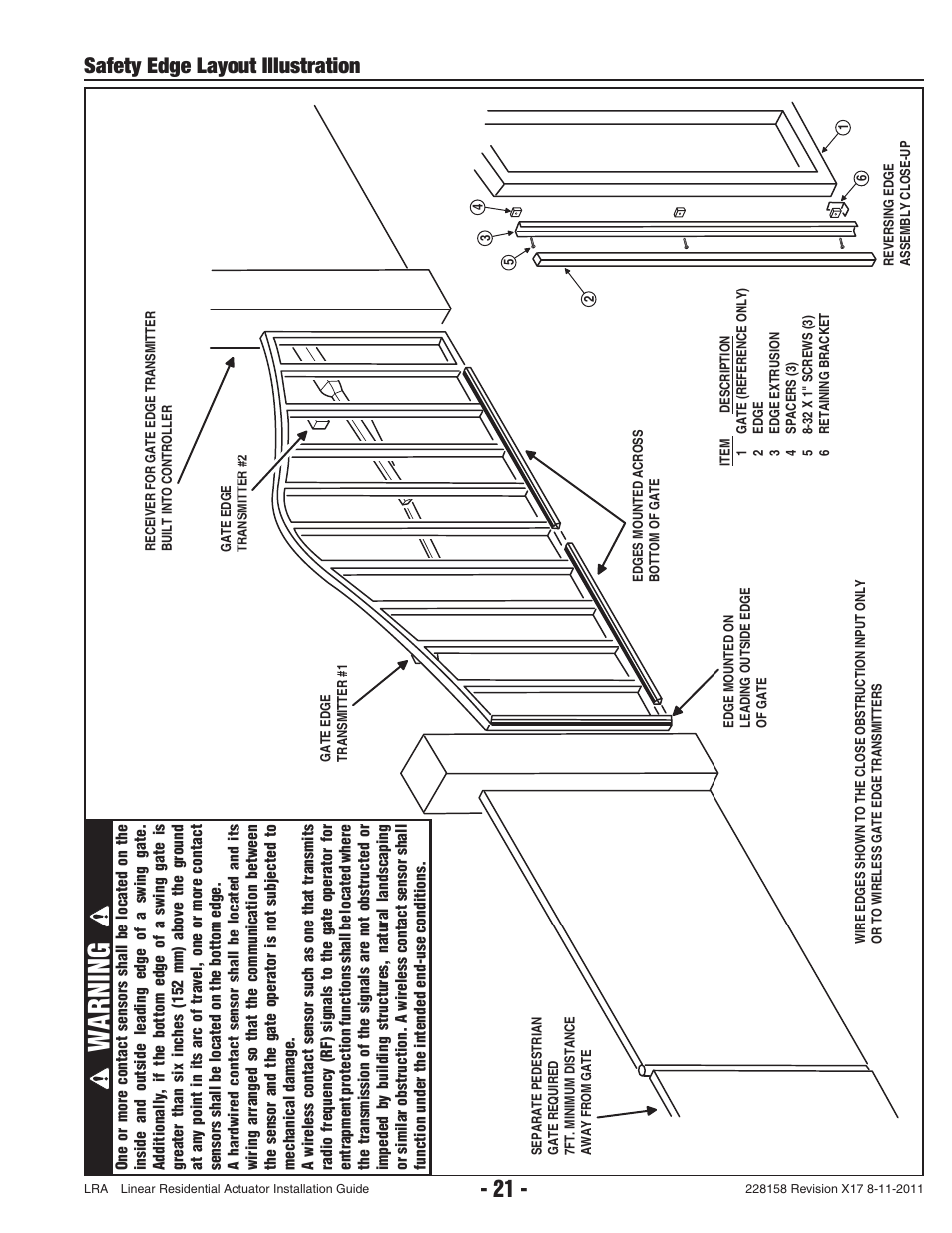 Warning, Safety edge layout illustration | Controlled Products Systems Group LRA User Manual | Page 23 / 30