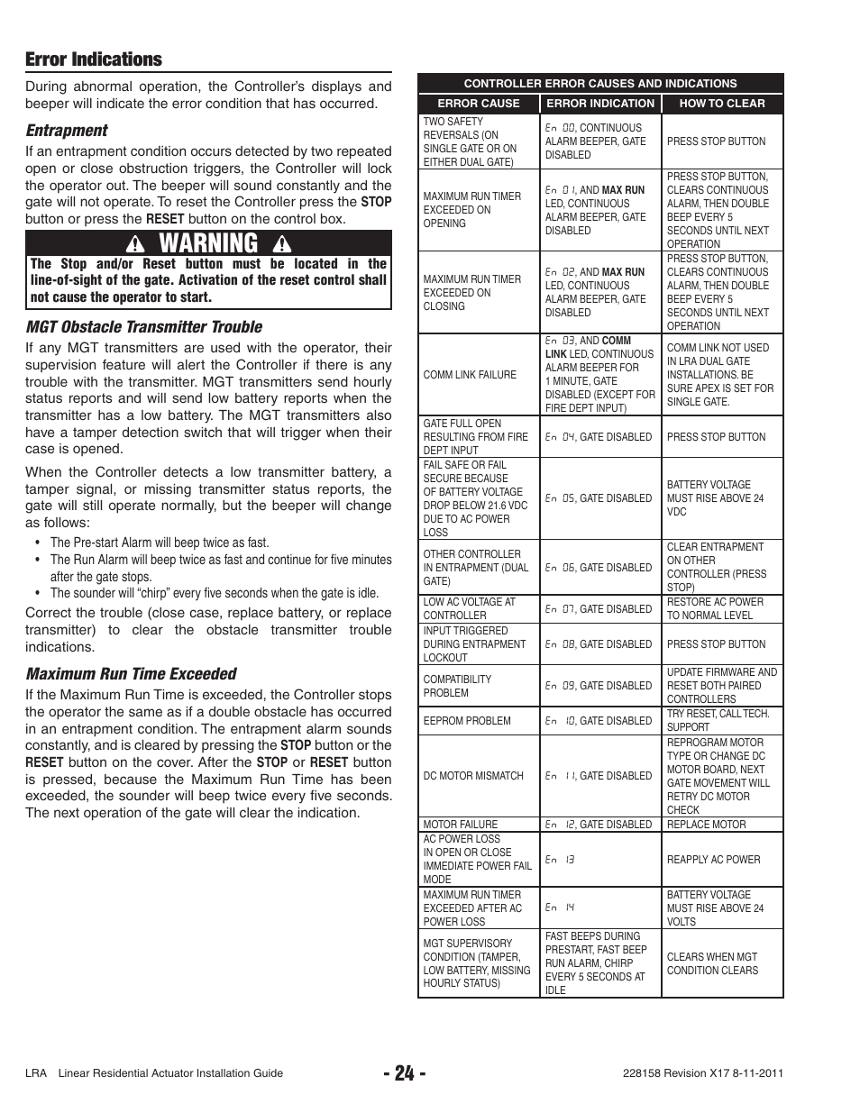 Warning, Error indications, Entrapment | Mgt obstacle transmitter trouble, Maximum run time exceeded | Controlled Products Systems Group LRA User Manual | Page 26 / 30
