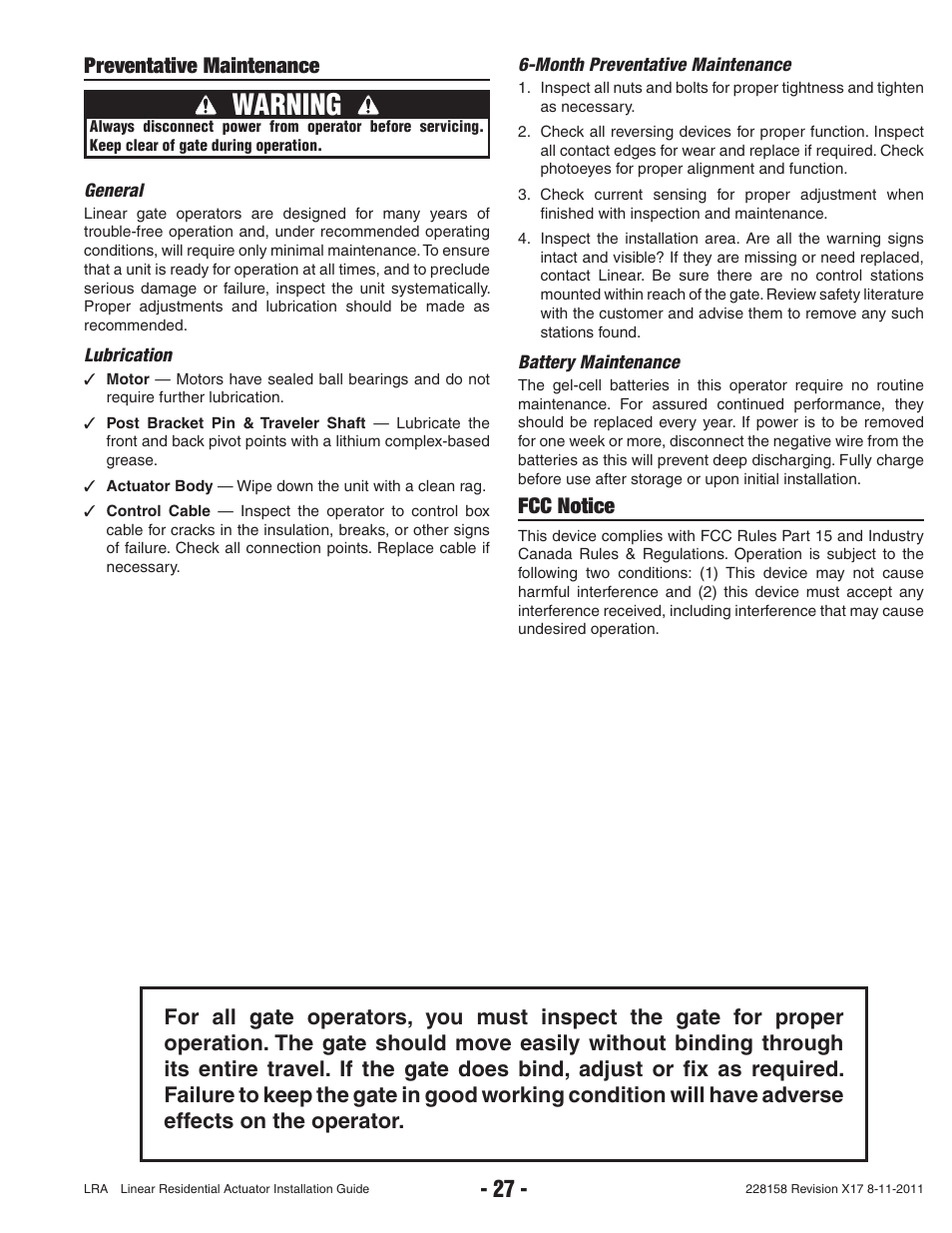 Warning, Preventative maintenance, Fcc notice | Controlled Products Systems Group LRA User Manual | Page 29 / 30