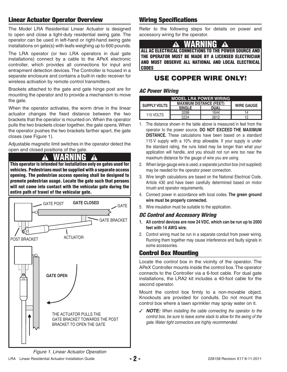 Warning, Linear actuator operator overview, Wiring specifi cations | Control box mounting, Use copper wire only | Controlled Products Systems Group LRA User Manual | Page 4 / 30