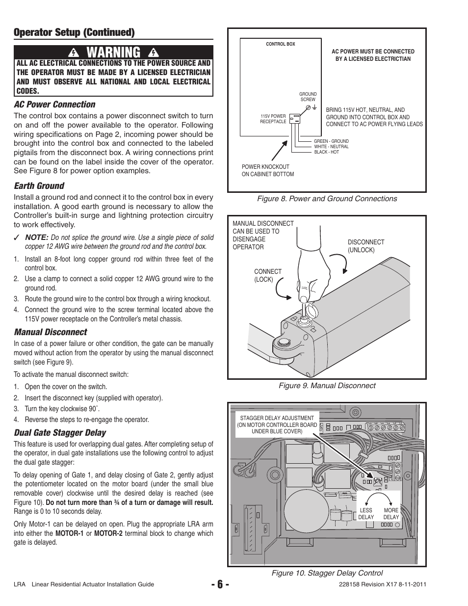 Warning, Operator setup (continued), Ac power connection | Earth ground, Manual disconnect, Dual gate stagger delay | Controlled Products Systems Group LRA User Manual | Page 8 / 30