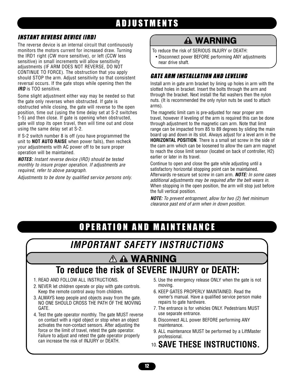 Adjustments, Operation and maintenance, Warning | Save these instructions | Controlled Products Systems Group MADCBB3 User Manual | Page 12 / 24