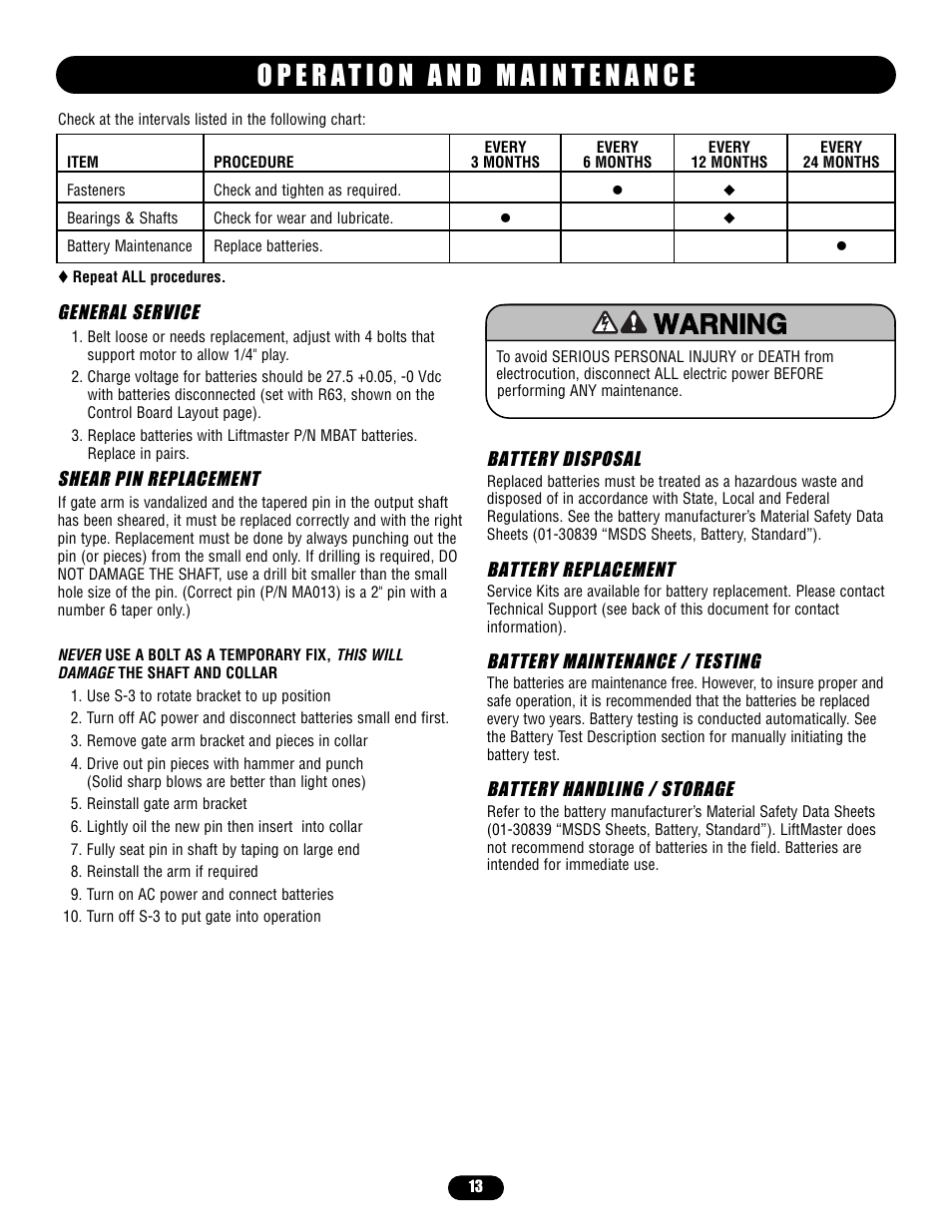 General service, Shear pin replacement, Battery disposal | Battery replacement, Battery maintenance / testing, Battery handling / storage | Controlled Products Systems Group MADCBB3 User Manual | Page 13 / 24