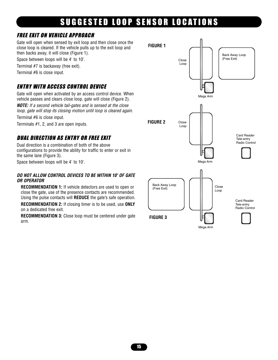 Suggested loop sensor locations, Free exit on vehicle approach, Entry with access control device | Dual direction as entry or free exit | Controlled Products Systems Group MADCBB3 User Manual | Page 15 / 24