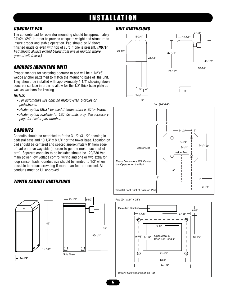 Installation, Tower cabinet dimensions, Concrete pad | Anchors (mounting unit), Conduits, Unit dimensions | Controlled Products Systems Group MADCBB3 User Manual | Page 6 / 24
