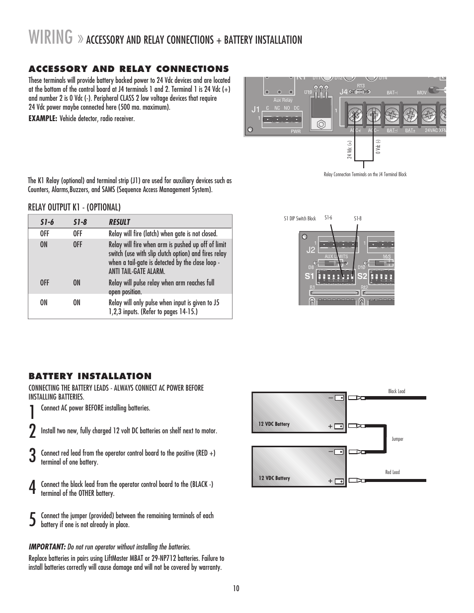 Accessory and relay connections, Battery installation, Wiring | Relay output k1 - (optional) | Chamberlain MADCBB User Manual | Page 10 / 24