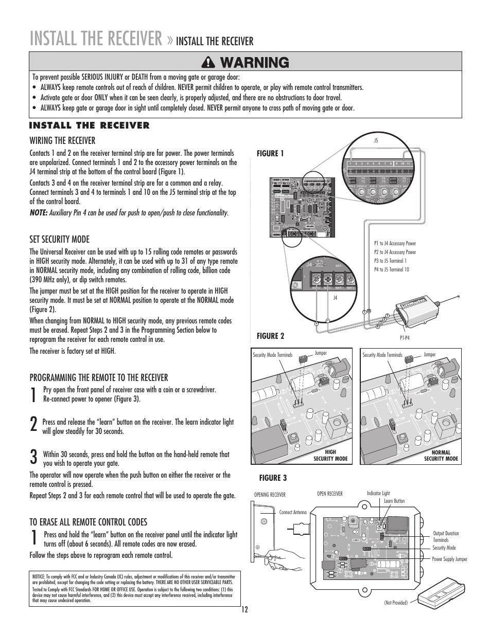 Install the receiver, Wiring the receiver, Set security mode | Programming the remote to the receiver, Figure 3, Figure 2 figure 1, Acc– bat– bat– mov bat+ motor | Chamberlain MADCBB User Manual | Page 12 / 24
