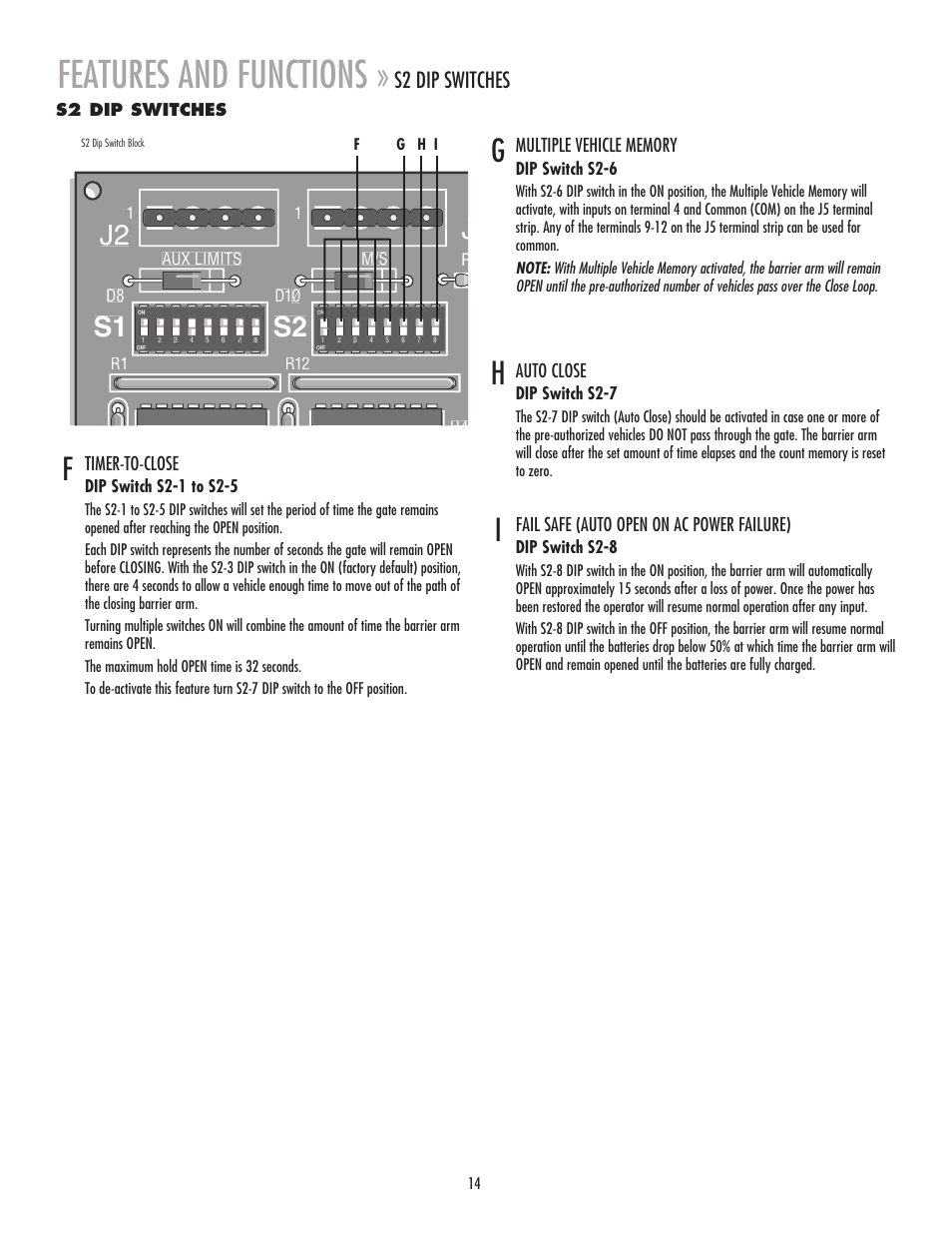 S2 dip switches, Features and functions, Ih g | J2 j | Chamberlain MADCBB User Manual | Page 14 / 24