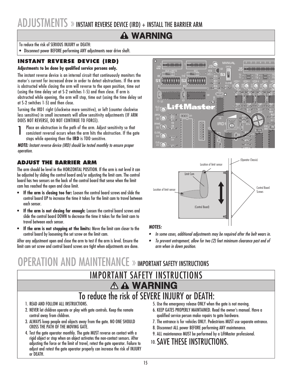 Adjustments, Instant reverse device (ird), Adjust the barrier arm | Operation and maintenance, Important safety instructions, Warning, Save these instructions | Chamberlain MADCBB User Manual | Page 15 / 24