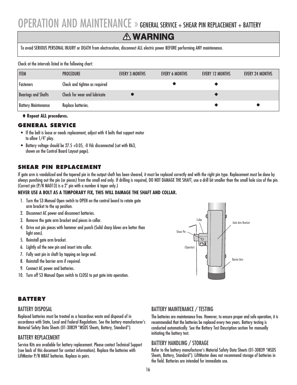 General service, Shear pin replacement, Battery | Operation and maintenance, General service + shear pin replacement + battery | Chamberlain MADCBB User Manual | Page 16 / 24