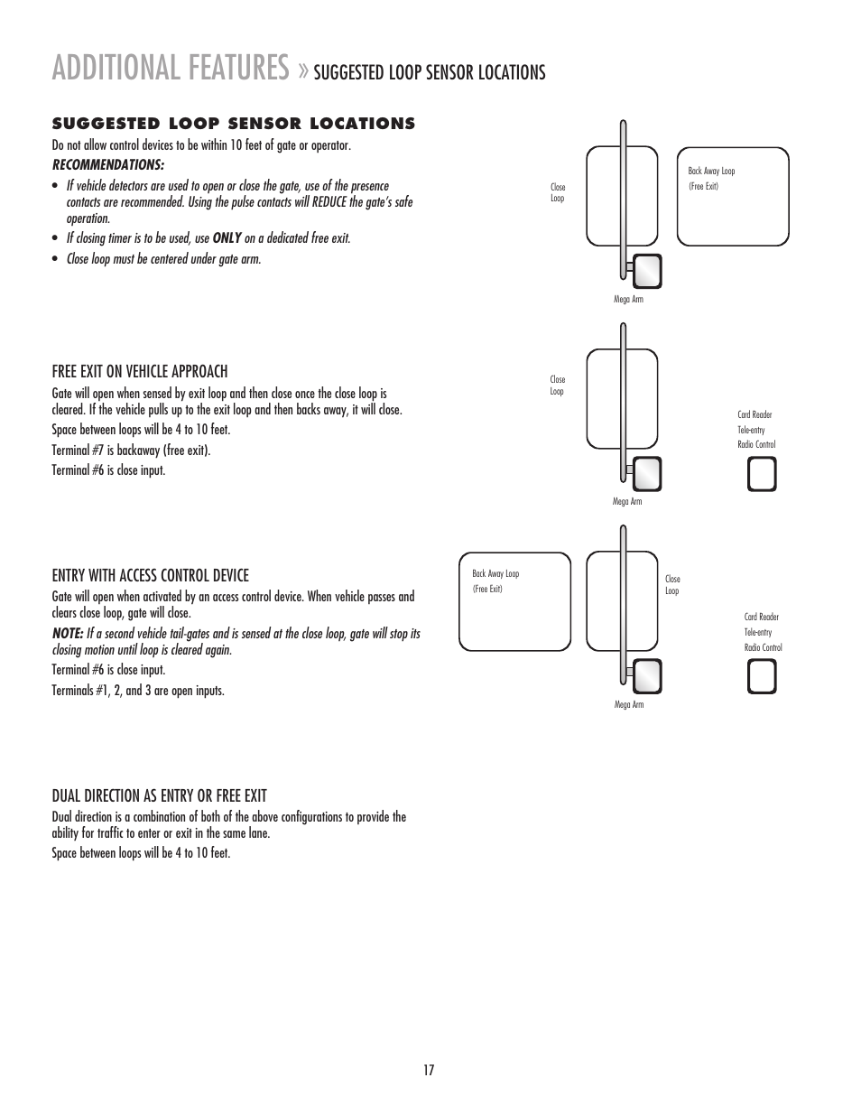 Additional features, Suggested loop sensor locations, Free exit on vehicle approach | Entry with access control device, Dual direction as entry or free exit | Chamberlain MADCBB User Manual | Page 17 / 24