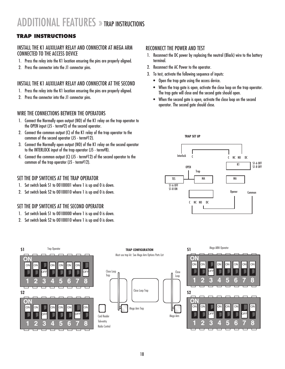 Trap instructions, Additional features, Wire the connections between the operators | Set the dip switches at the trap operator, Set the dip switches at the second operator, Reconnect the power and test | Chamberlain MADCBB User Manual | Page 18 / 24