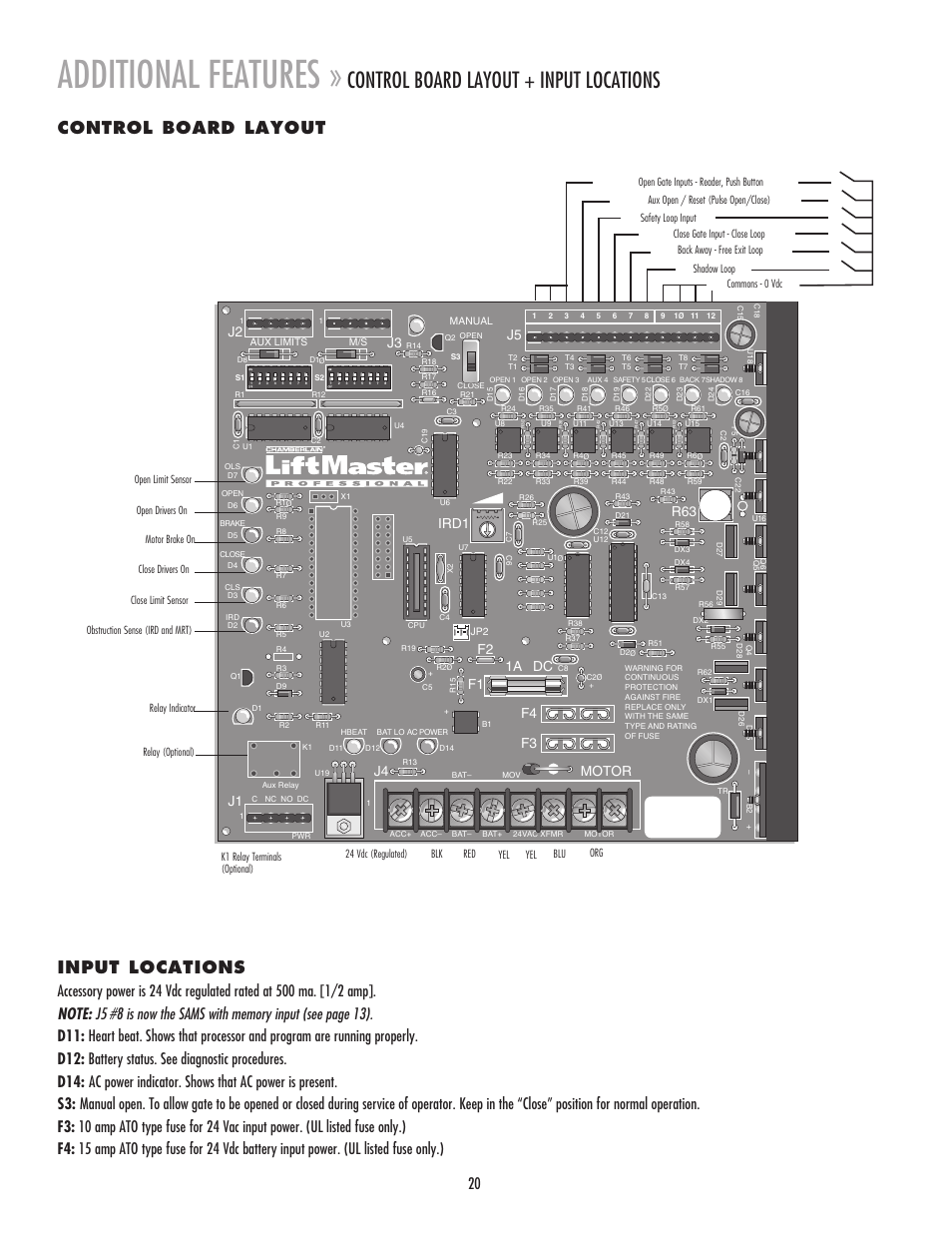 Control board layout, Additional features, Control board layout + input locations | Input locations, Motor, J2 j3 j5 | Chamberlain MADCBB User Manual | Page 20 / 24