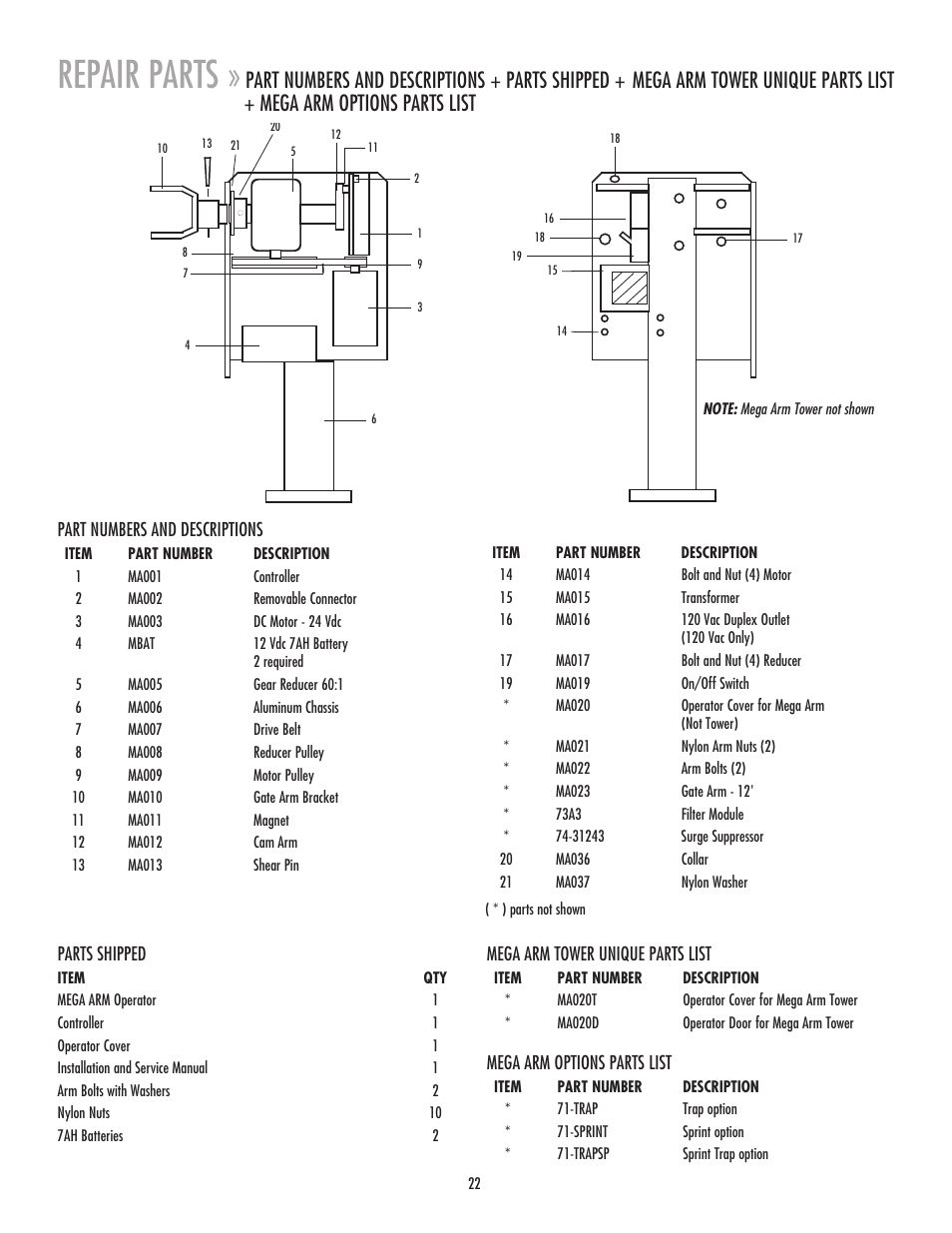 Repair parts, Part numbers and descriptions, Parts shipped | Mega arm tower unique parts list, Mega arm options parts list, Part numbers and descriptions + parts shipped | Chamberlain MADCBB User Manual | Page 22 / 24