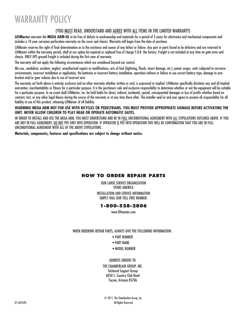 Warranty policy | Chamberlain MADCBB User Manual | Page 24 / 24