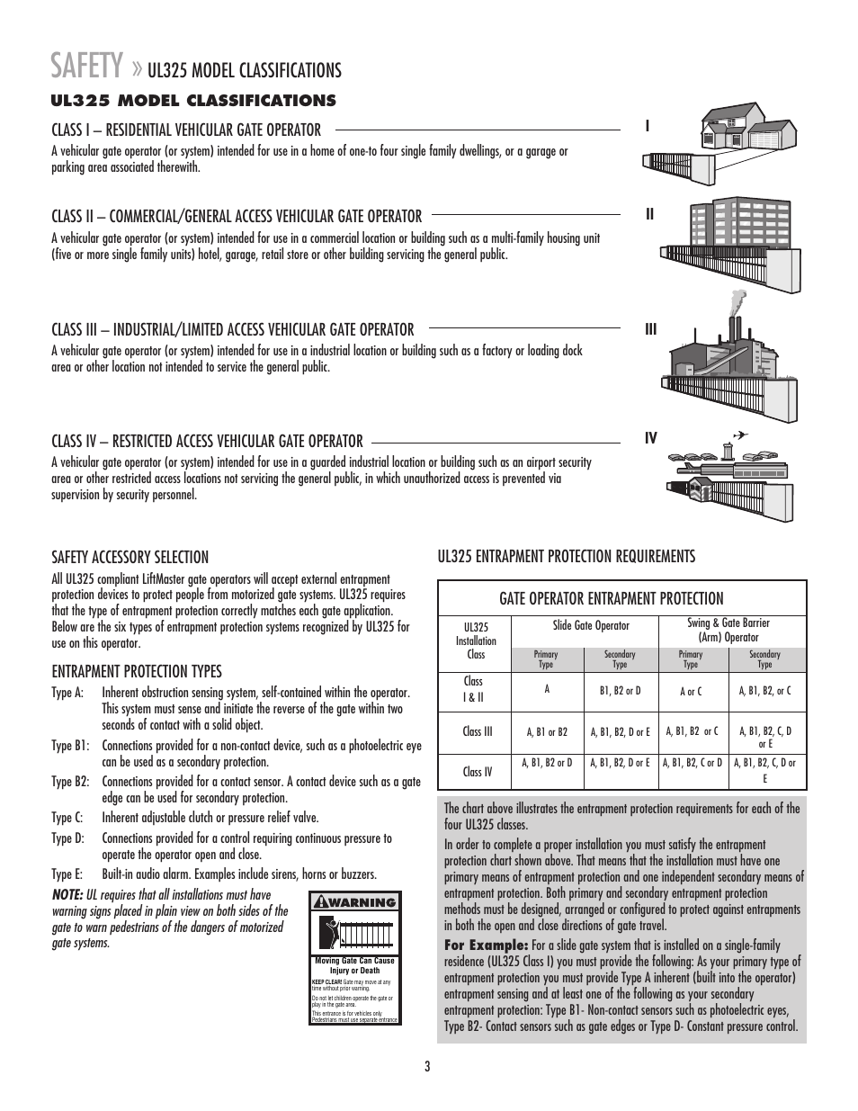 Ul325 model classifications, Safety, Class i – residential vehicular gate operator | Safety accessory selection, Entrapment protection types, Gate operator entrapment protection, Ul325 entrapment protection requirements | Chamberlain MADCBB User Manual | Page 3 / 24
