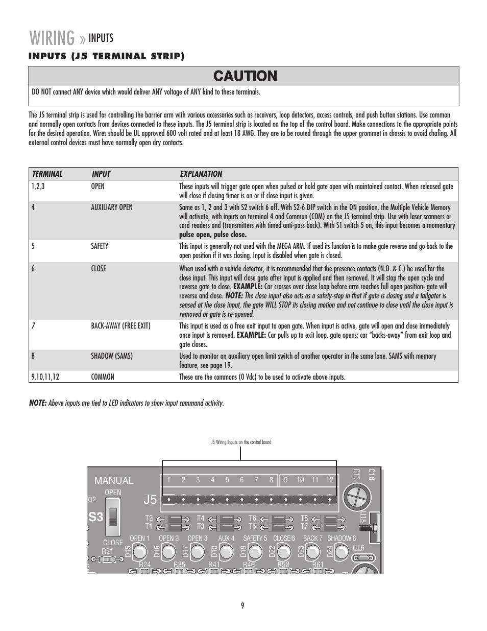 Input commands connections, Wiring, J5 s3 | Inputs | Chamberlain MADCBB User Manual | Page 9 / 24