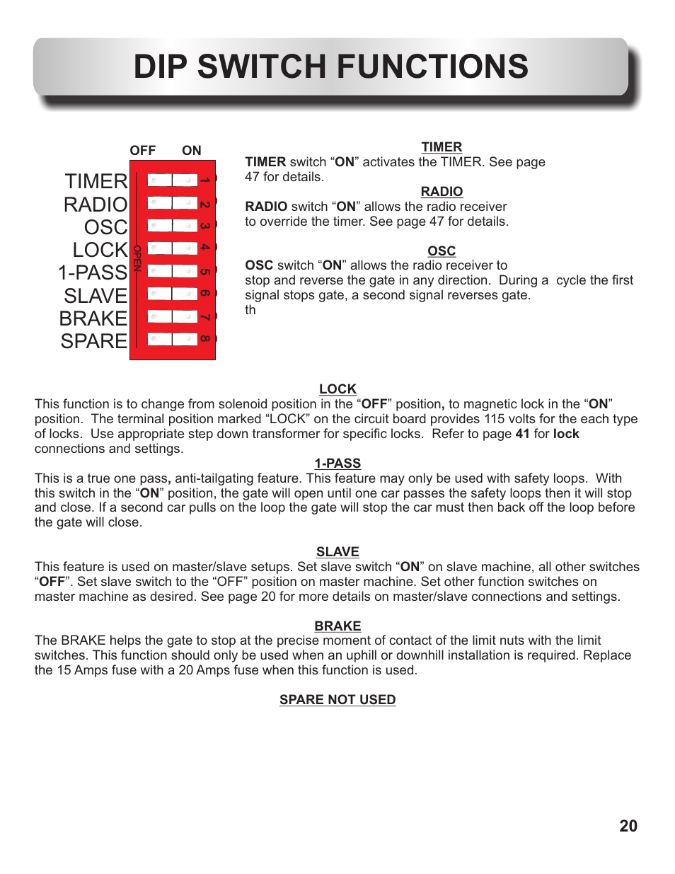 Dip switch functions, Timer radio osc lock 1-pass slave brake spare | Controlled Products Systems Group OH200 User Manual | Page 21 / 24