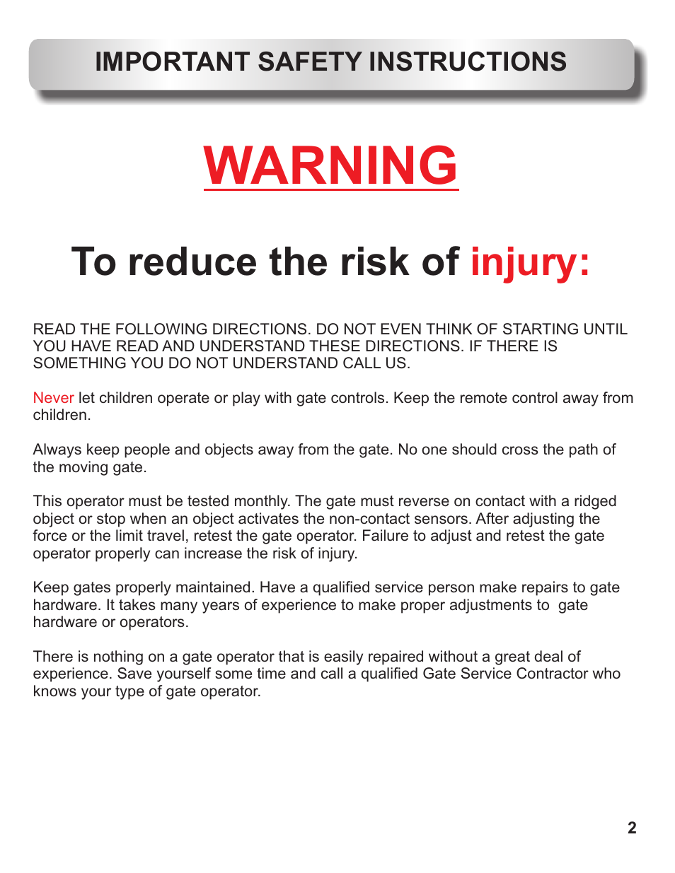 Warning, Injury | Controlled Products Systems Group OH200 User Manual | Page 3 / 24