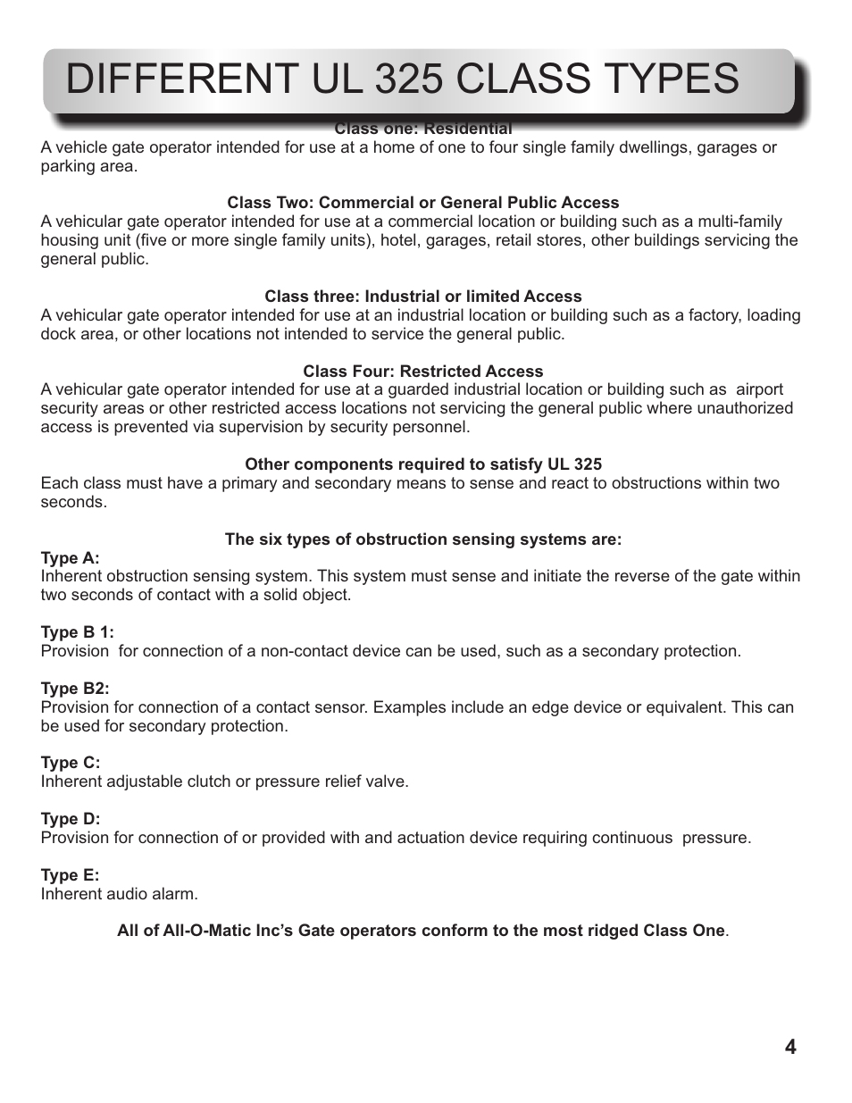 Different ul 325 class types | Controlled Products Systems Group OH200 User Manual | Page 5 / 24
