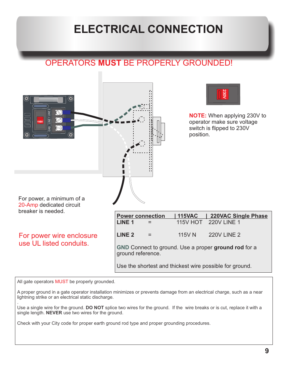 Electrical connection, Operators must be properly grounded, For power wire enclosure use ul listed conduits | Controlled Products Systems Group OH200DC User Manual | Page 10 / 26