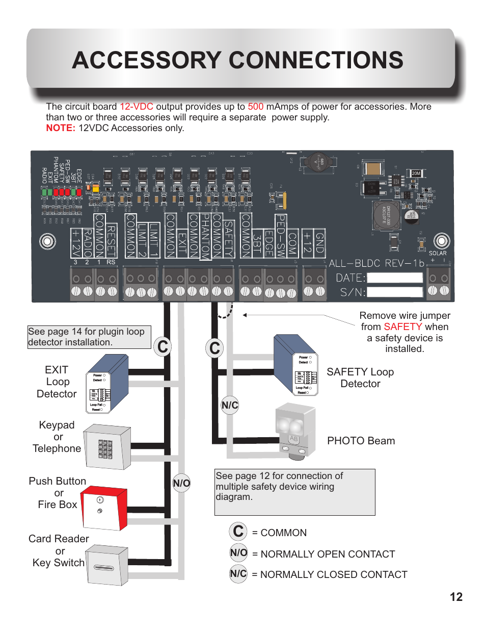 Accessory connections, Common n/c n/o, 12 3 rs | Controlled Products Systems Group OH200DC User Manual | Page 13 / 26