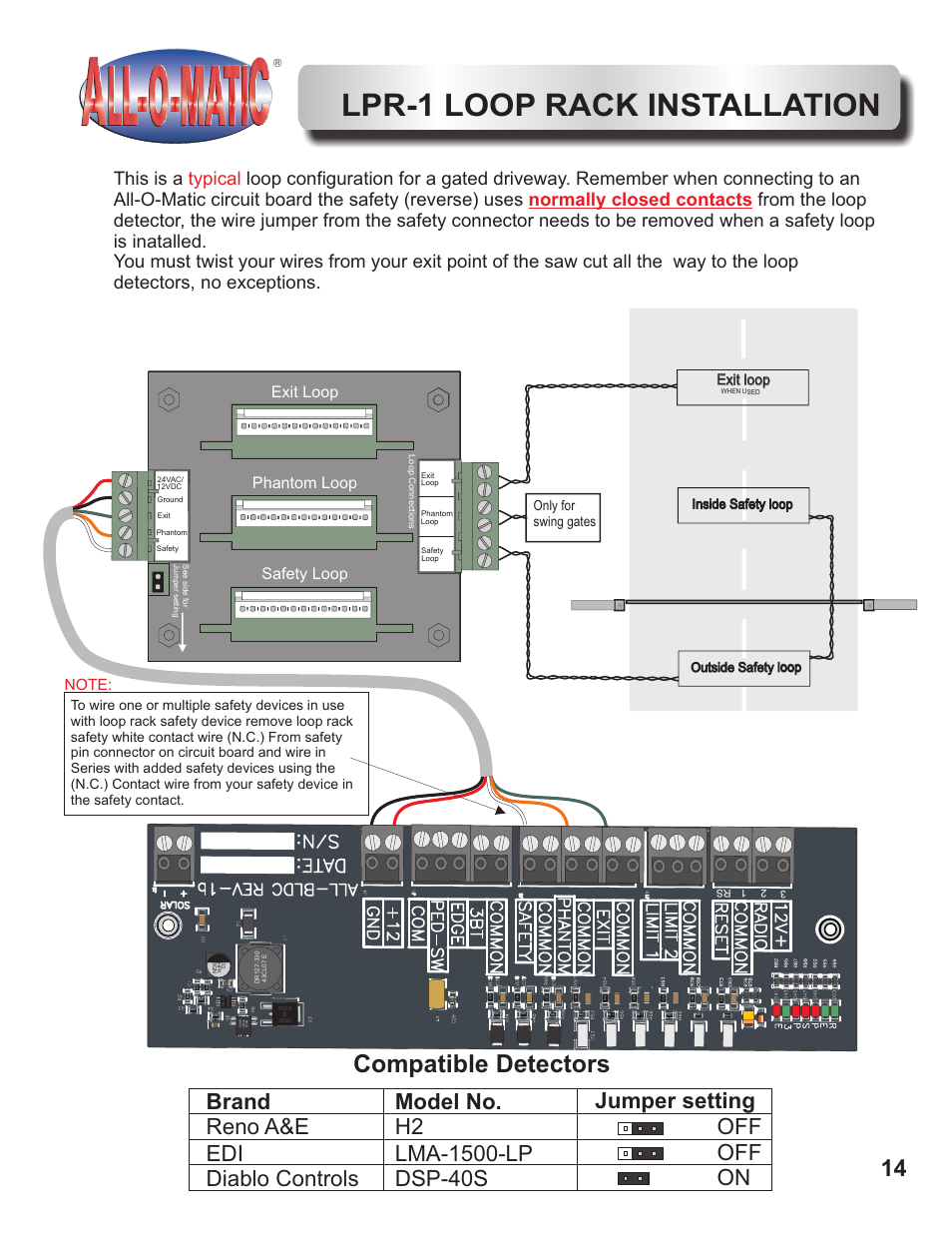 Lpr-1 loop rack installation, Compatible detectors, Exit loop phantom loop safety loop | Xit loop exit loop e | Controlled Products Systems Group OH200DC User Manual | Page 15 / 26