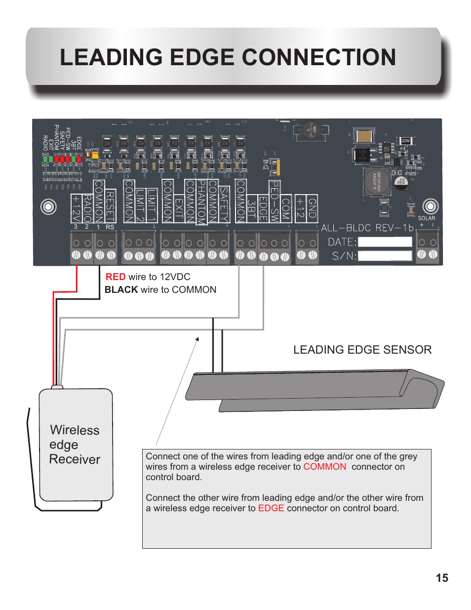 Leading edge connection, Wireless edge receiver, Leading edge sensor | Wire to 12vdc red black wire to common, 12 3 rs | Controlled Products Systems Group OH200DC User Manual | Page 16 / 26