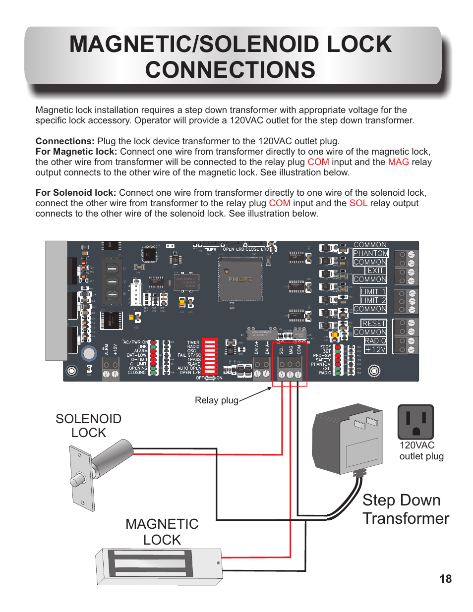 Magnetic/solenoid lock connections, Step down transformer, Solenoid lock | 120vac outlet plug, Relay plug, Ph i s il p ph i s il p | Controlled Products Systems Group OH200DC User Manual | Page 19 / 26