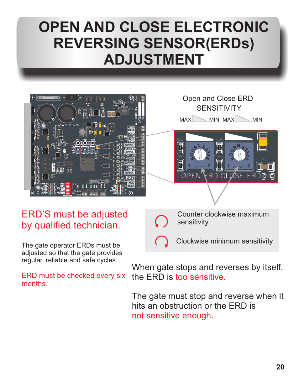 Erd’s must be adjusted by qualified technician, Sensitivity, Erd must be checked every six months | Open and close erd, Max min min | Controlled Products Systems Group OH200DC User Manual | Page 21 / 26