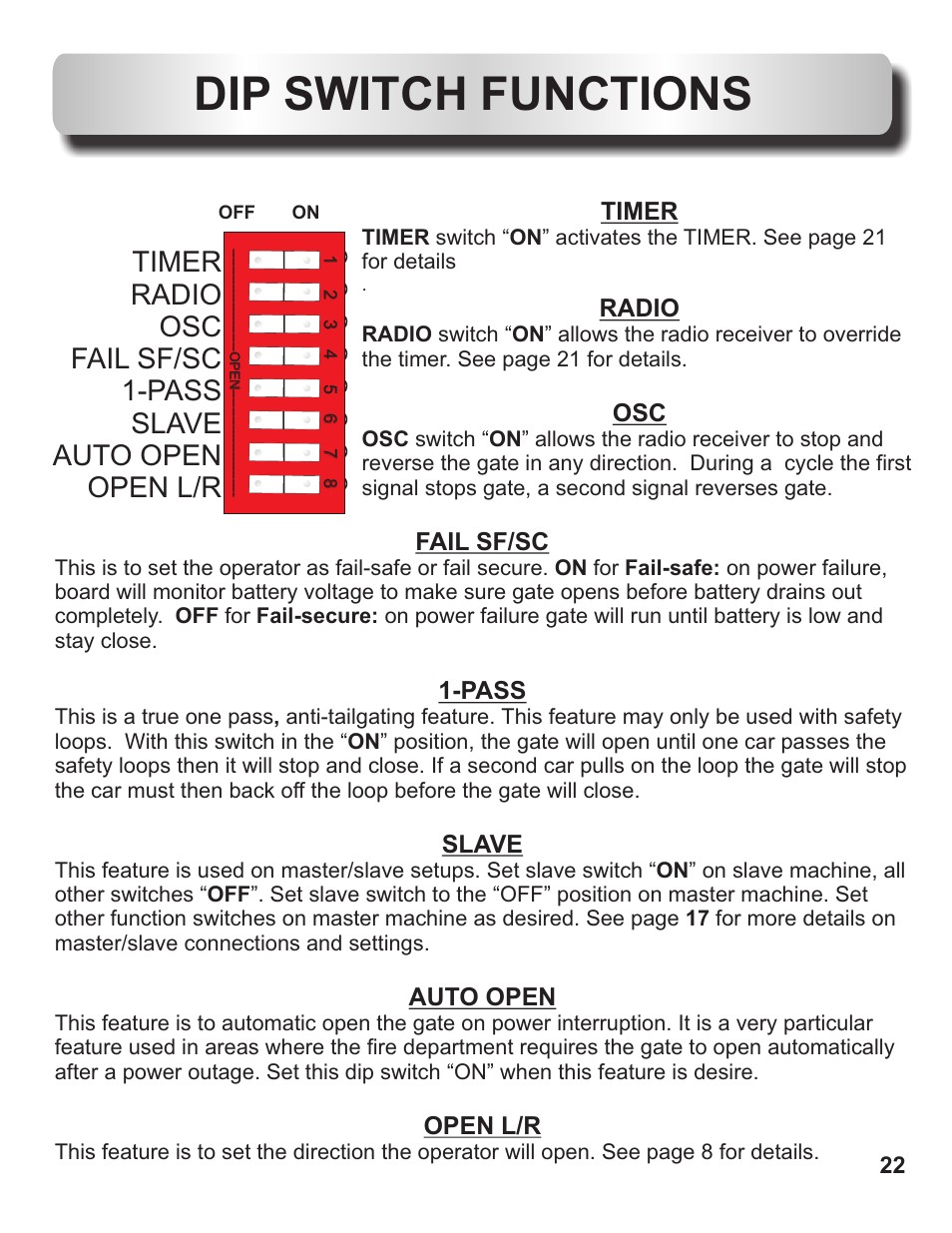 Dip switch functions, Timer, Radio | Fail sf/sc, Pass, Slave, Auto open, Open l/r | Controlled Products Systems Group OH200DC User Manual | Page 23 / 26