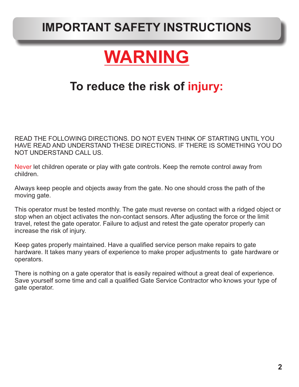 Warning, Injury | Controlled Products Systems Group OH200DC User Manual | Page 3 / 26
