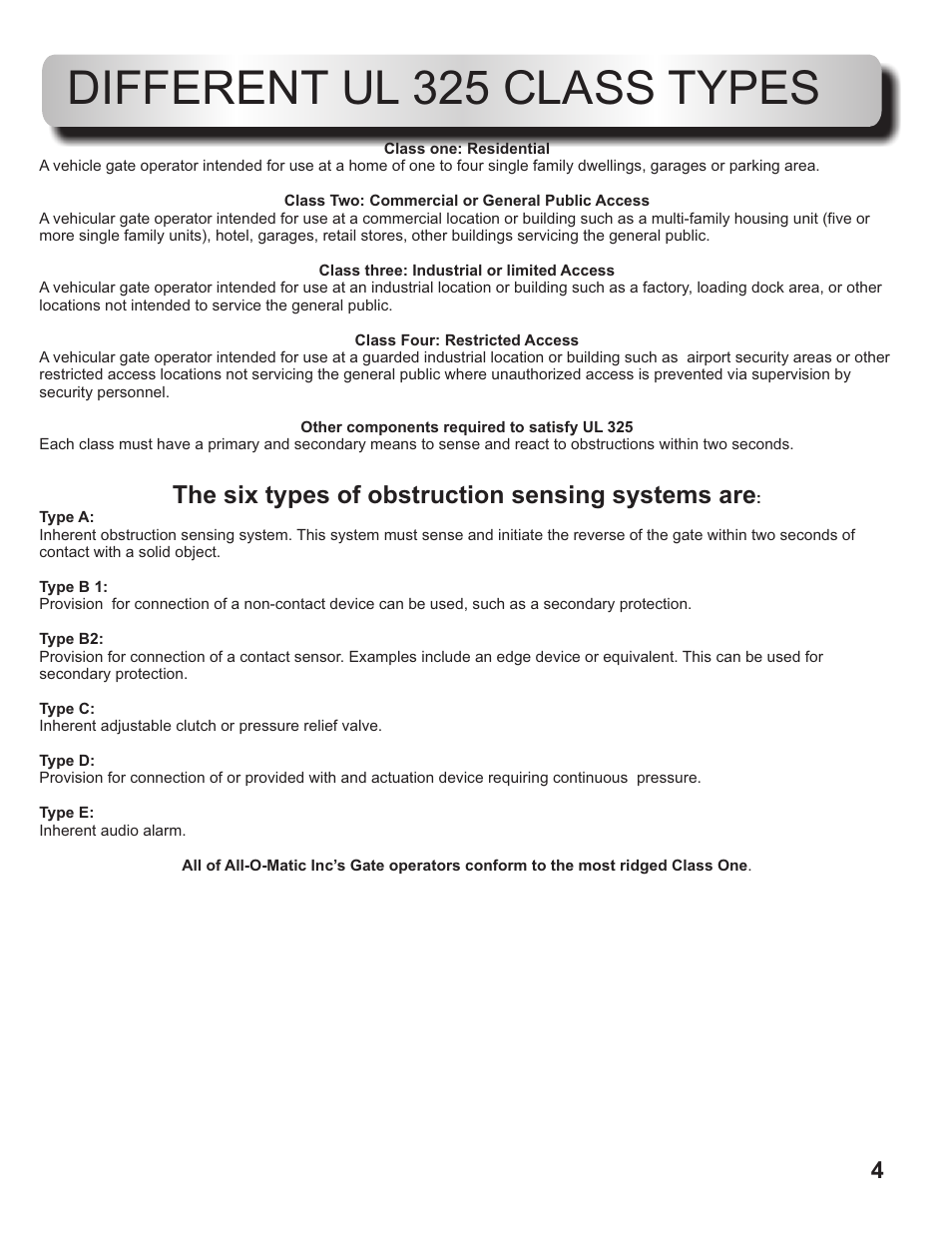 Different ul 325 class types, The six types of obstruction sensing systems are | Controlled Products Systems Group OH200DC User Manual | Page 5 / 26
