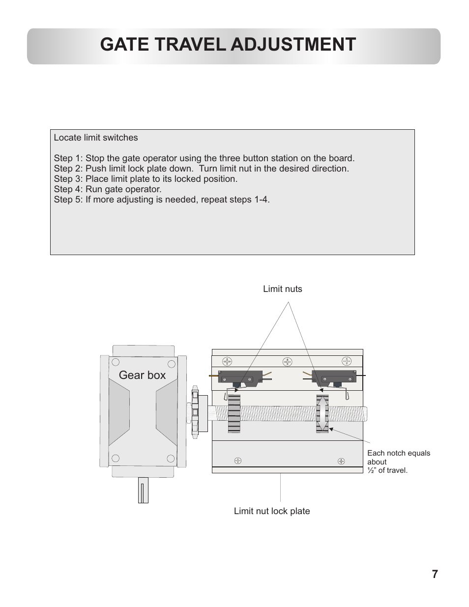 Gate travel adjustment | Controlled Products Systems Group OH200DC User Manual | Page 8 / 26