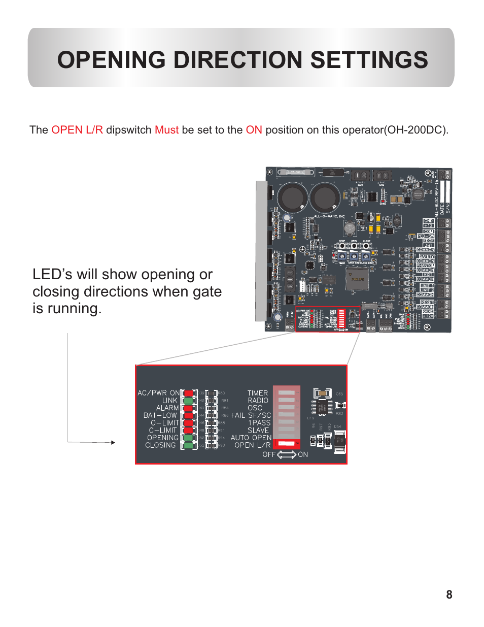 Opening direction settings | Controlled Products Systems Group OH200DC User Manual | Page 9 / 26