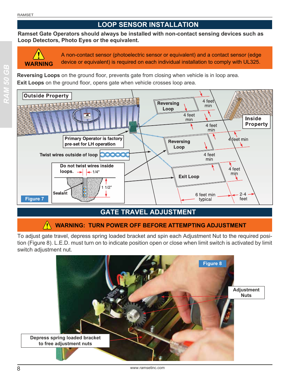 Ram 50 gb, Loop sensor installation gate travel adjustment | Controlled Products Systems Group RAM-50GB User Manual | Page 10 / 24
