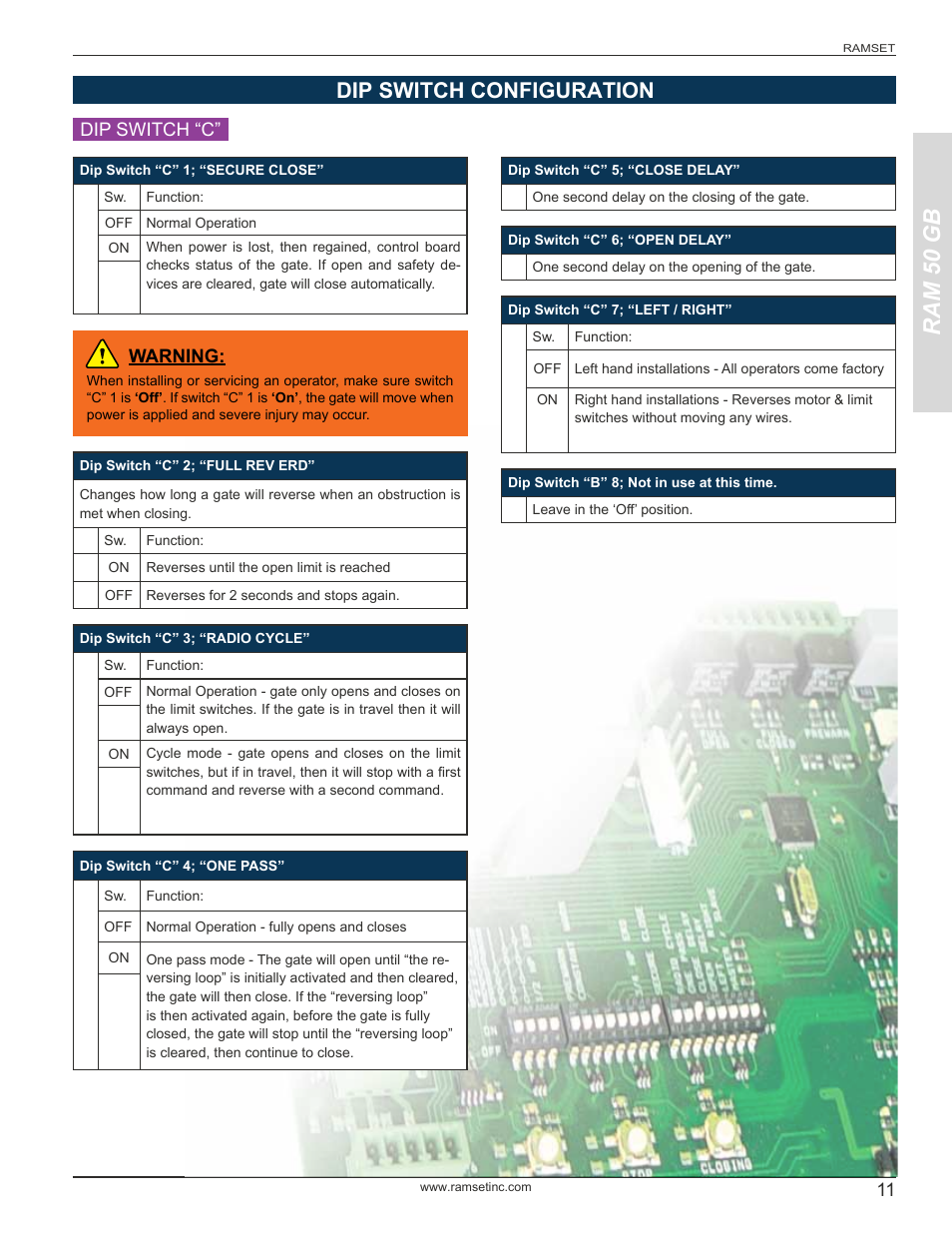Ram 50 gb, Dip switch configuration, Dip switch “c” warning | Controlled Products Systems Group RAM-50GB User Manual | Page 13 / 24