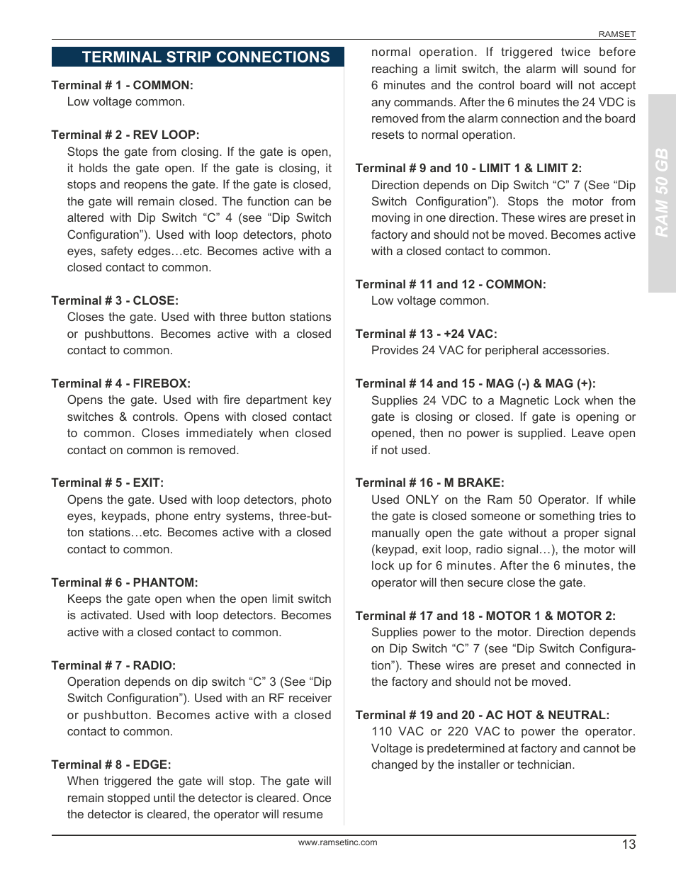 Ram 50 gb, Terminal strip connections | Controlled Products Systems Group RAM-50GB User Manual | Page 15 / 24