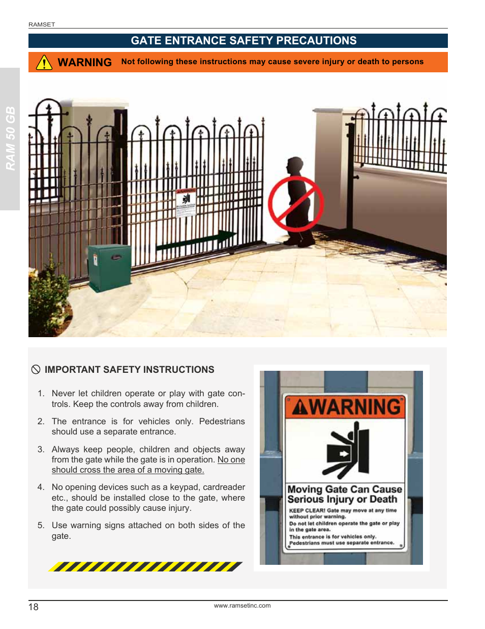 Ram 50 gb, Gate entrance safety precautions, Warning | Controlled Products Systems Group RAM-50GB User Manual | Page 20 / 24