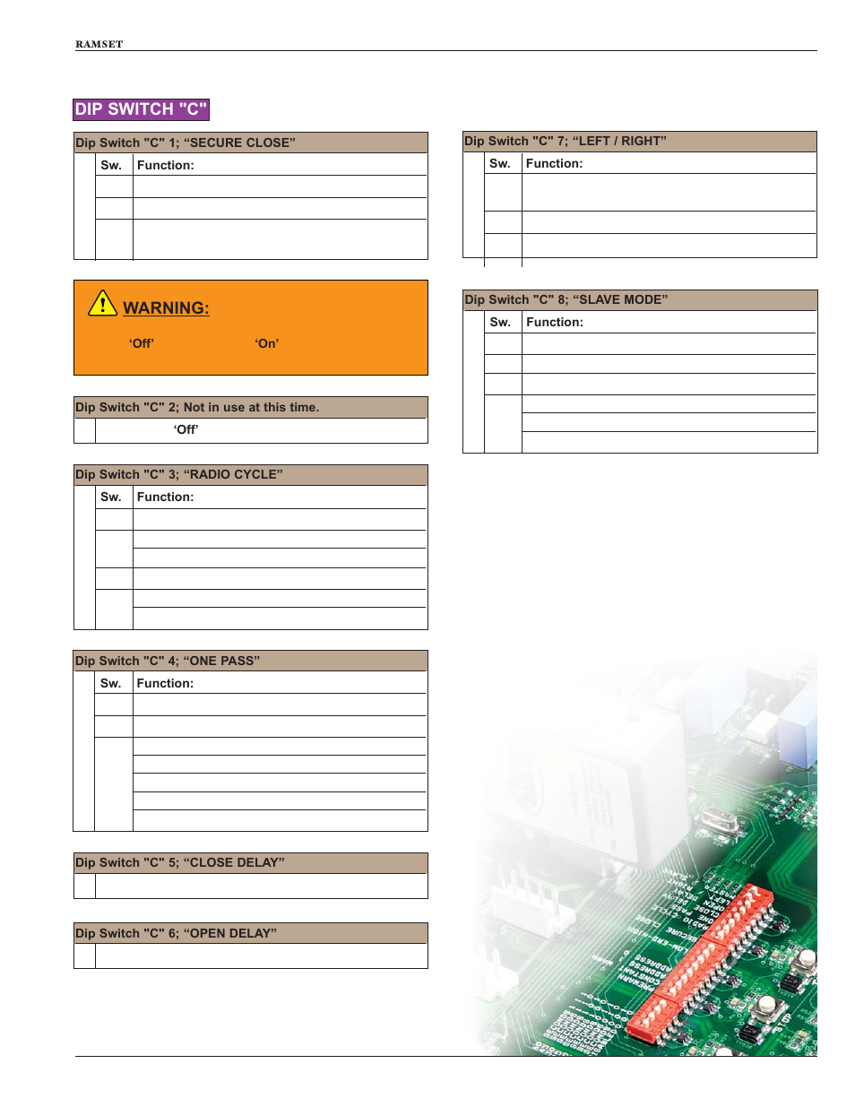 Dip switch "c, Warning | Controlled Products Systems Group RAM100 User Manual | Page 13 / 24