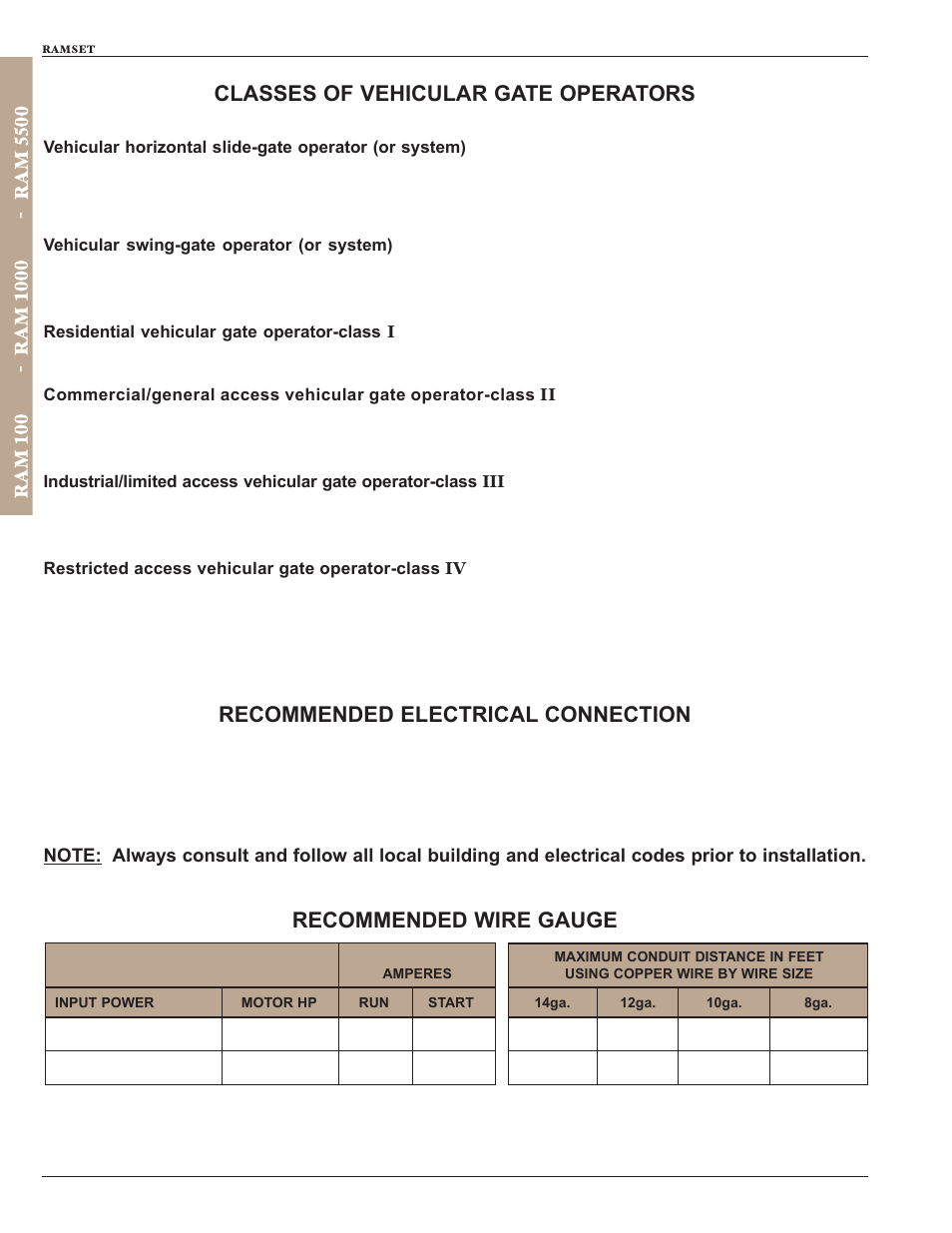 Classes of vehicular gate operators, Recommended wire gauge, Recommended electrical connection | Controlled Products Systems Group RAM100 User Manual | Page 6 / 24
