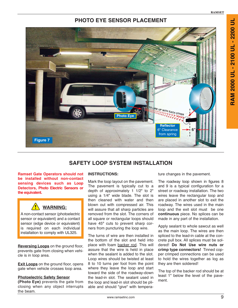 Photo eye sensor placement, Safety loop system installation | Controlled Products Systems Group RAM2000 User Manual | Page 11 / 28
