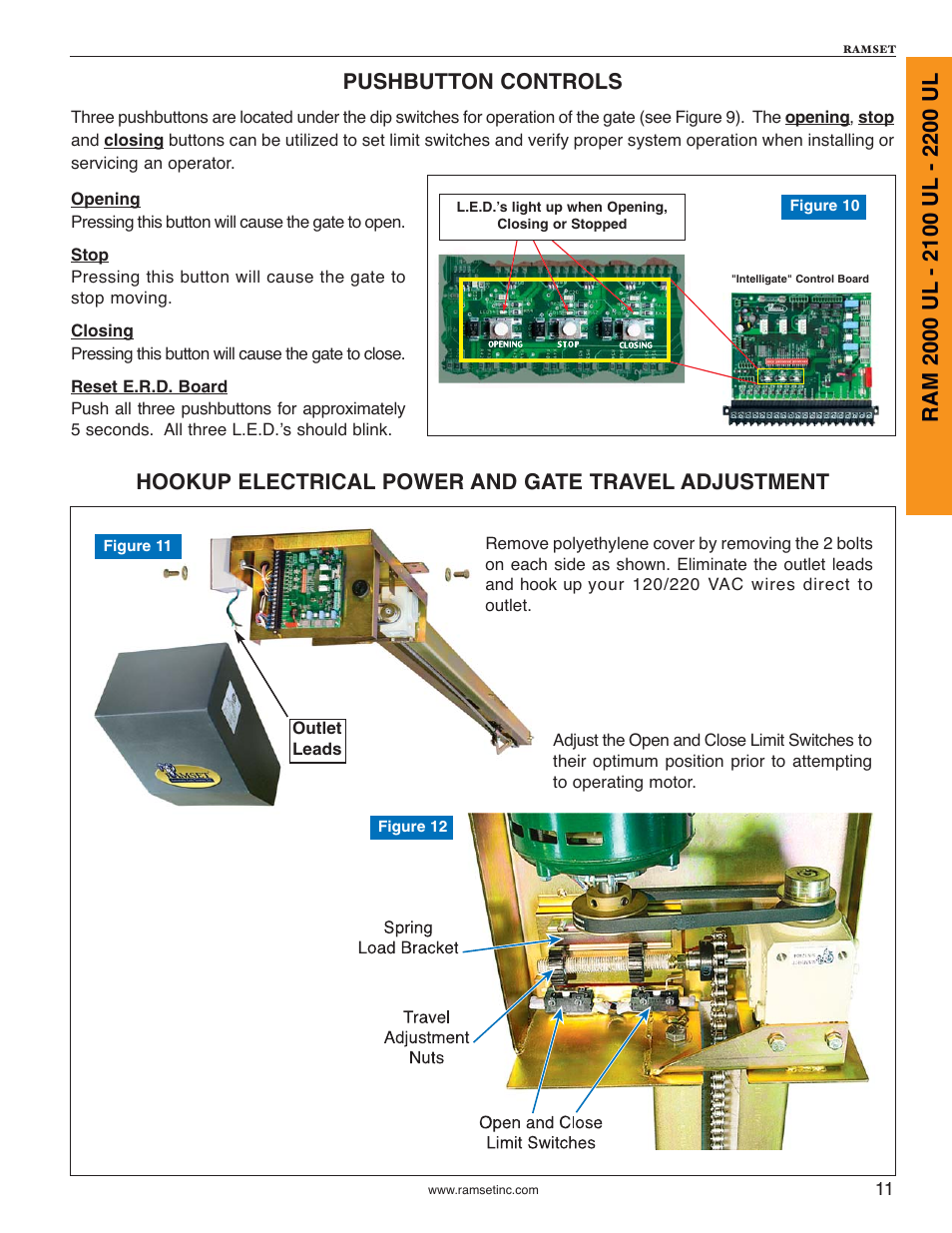 Pushbutton controls, Hookup electrical power and gate travel adjustment | Controlled Products Systems Group RAM2000 User Manual | Page 13 / 28