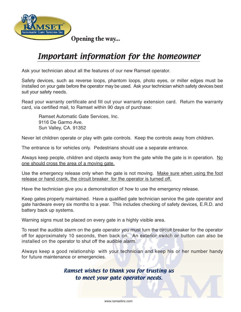 Important information for the homeowner, Opening the way | Controlled Products Systems Group RAM2000 User Manual | Page 26 / 28