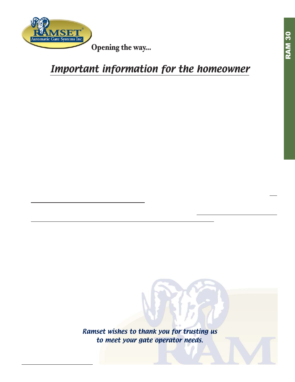 Important information for the homeowner, Opening the way | Controlled Products Systems Group RAM30 User Manual | Page 25 / 28